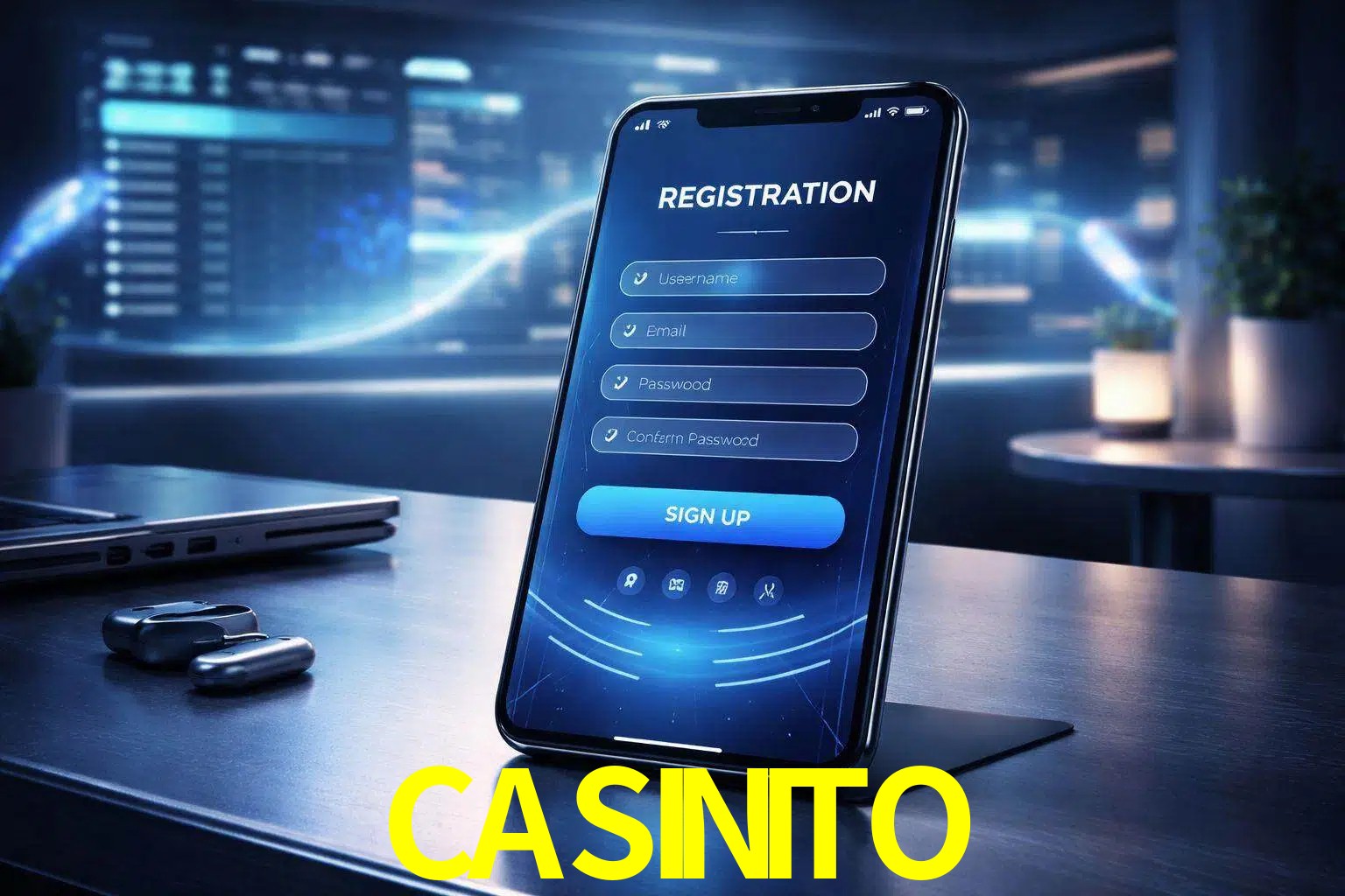 Una interfaz moderna de registro móvil para CASINITO mostrada en un smartphone con un panel de apuestas elegante.